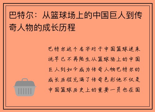 巴特尔：从篮球场上的中国巨人到传奇人物的成长历程