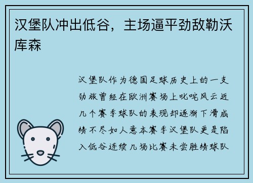 汉堡队冲出低谷，主场逼平劲敌勒沃库森